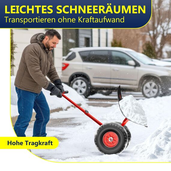 Masko Schneeschaufel auf Rädern höhenverstellbar - 5-Fach Schneeräumen, rückenschonender Schneeschieber, Schneeschild 75 cm Arbeitsbreite-Höhe 42, platzsparend zusammenklappbar, Rot