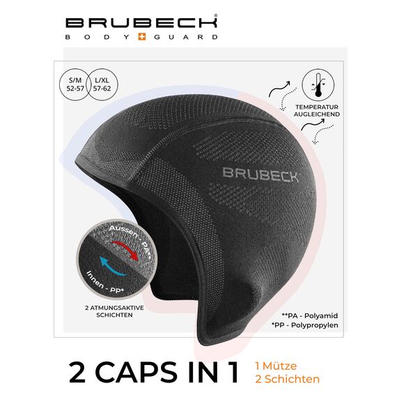 BRUBECK Funktionsmütze Herren | Fahrradmütze schwarz | Radmütze | atmungsaktive Mütze Fahrrad | Ski Unterziehmütze | Winter | Sportmütze | Skull Hat Helmet | Gr. L - XL | Black | HM10020A