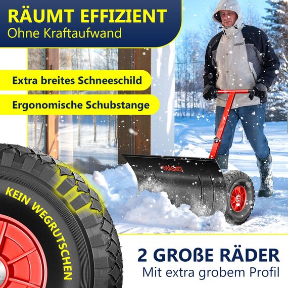 Masko Schneeschaufel auf Rädern höhenverstellbar - 5-Fach Schneeräumen, rückenschonender Schneeschieber, Schneeschild 75 cm Arbeitsbreite-Höhe 42, platzsparend zusammenklappbar, Rot