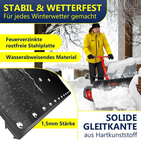Masko Schneeschaufel auf Rädern höhenverstellbar - 5-Fach Schneeräumen, rückenschonender Schneeschieber, Schneeschild 75 cm Arbeitsbreite-Höhe 42, platzsparend zusammenklappbar, Rot