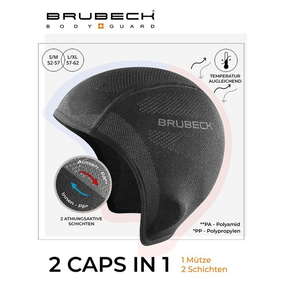 BRUBECK Funktionsmütze Herren | Fahrradmütze schwarz | Radmütze | atmungsaktive Mütze Fahrrad | Ski Unterziehmütze | Winter | Sportmütze | Skull Hat Helmet | Gr. L - XL | Black | HM10020A