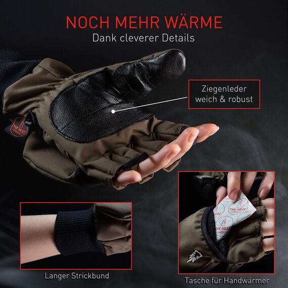Heat 2 Fingerlose Touchscreen Handschuhe und Fäustlinge Kombination, warme Winterhandschuhe gegen den Wind und Kälte im Winter – Sporthandschuhe, Fahrradhandschuhe Damen, Herren – Braun, Large