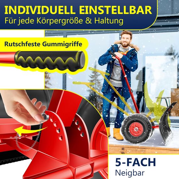 Masko Schneeschaufel auf Rädern höhenverstellbar - 5-Fach Schneeräumen, rückenschonender Schneeschieber, Schneeschild 75 cm Arbeitsbreite-Höhe 42, platzsparend zusammenklappbar, Rot