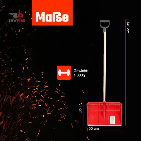 SHW-FIRE | Schneeschieber 50 cm breit, robuster Holzstiel, Schaufel aus Kunststoff, und Aluminiumkante, Schneeschaufel optimal für Schnee räumen auf Gehwegen & Einfahrten | Made in Germany