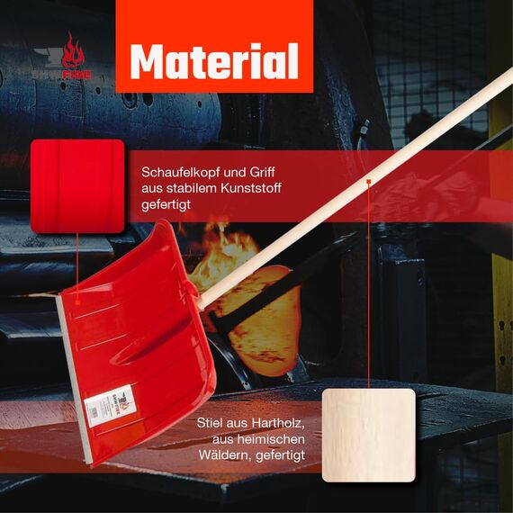 SHW-FIRE | Schneeschieber 50 cm breit, robuster Holzstiel, Schaufel aus Kunststoff, und Aluminiumkante, Schneeschaufel optimal für Schnee räumen auf Gehwegen & Einfahrten | Made in Germany