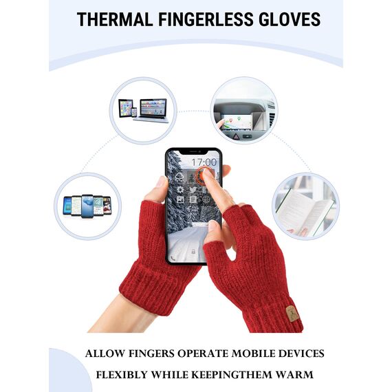 JUNRUI Fingerlose Handschuhe, Handschuhe ohne Finger Winter Warme Strickhandschuhe Arbeiten Camping Wandern Laufen Radfahren Fahren für Herren und Damen (Rot)