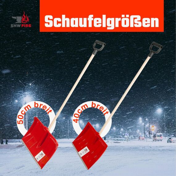 SHW-FIRE | Schneeschieber 50 cm breit, robuster Holzstiel, Schaufel aus Kunststoff, und Aluminiumkante, Schneeschaufel optimal für Schnee räumen auf Gehwegen & Einfahrten | Made in Germany