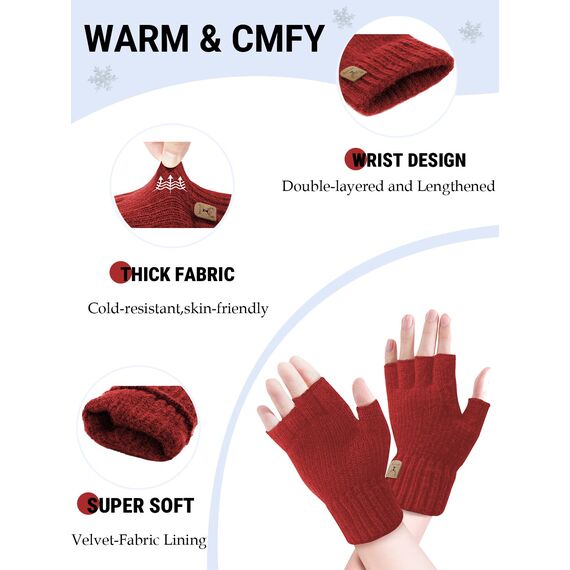 JUNRUI Fingerlose Handschuhe, Handschuhe ohne Finger Winter Warme Strickhandschuhe Arbeiten Camping Wandern Laufen Radfahren Fahren für Herren und Damen (Rot)