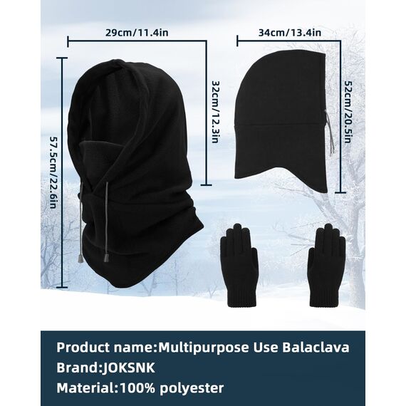 JOKSNK Sturmhaube Winter, Balaclava Gesichtsmaske Herren Damen, Winddichte Vollgesichtsmaske, Fleece Balaclava Skimaske, Motorradmaske, Warme Sturmhaube für Winter Sport und Outdoor Schwarz