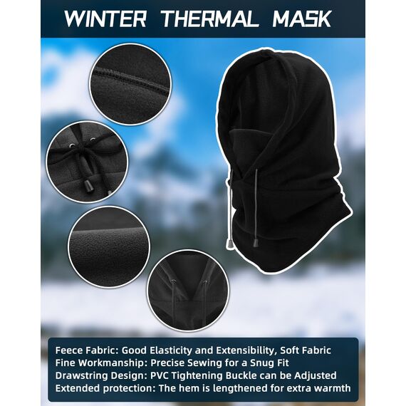 JOKSNK Sturmhaube Winter, Balaclava Gesichtsmaske Herren Damen, Winddichte Vollgesichtsmaske, Fleece Balaclava Skimaske, Motorradmaske, Warme Sturmhaube für Winter Sport und Outdoor Schwarz