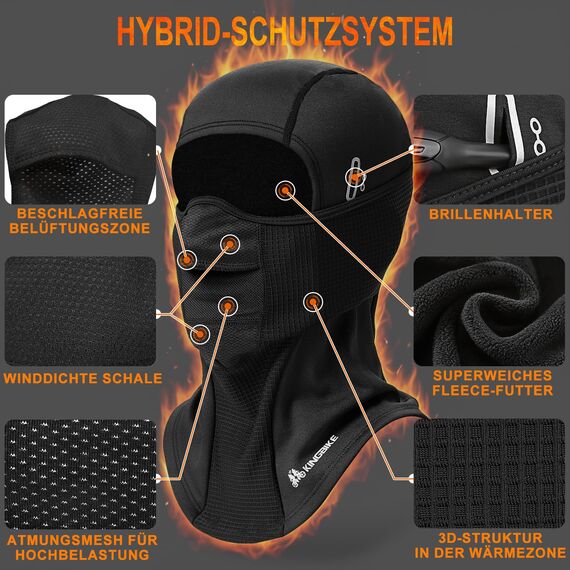 KINGBIKE Sturmhaube Fahrrad Winter Ski Maske Sturmhaube Kaltes Wetter Warm Anti Beschlag Winddicht Skifahren Snowboard Eisfischen Radfahren Motorrad Maske für Männer Frauen Schwarz (Lycra+Fleece, 1)