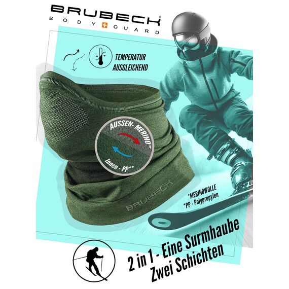 BRUBECK M-Pro Halbe Sturmhaube Merinowolle | Unisex | Klimaregulierend | 42% Merinowolle | grün | Größen: L-XL
