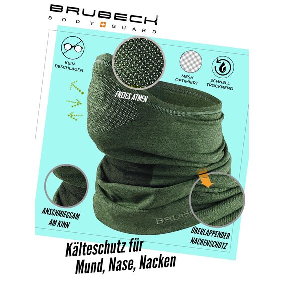 BRUBECK M-Pro Halbe Sturmhaube Merinowolle | Unisex | Klimaregulierend | 42% Merinowolle | grün | Größen: S-M