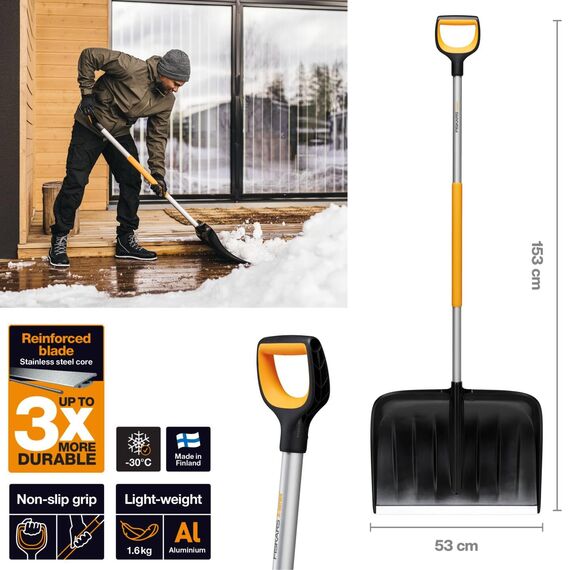 Fiskars Schneeräumer für große Schneemengen, X-series, Länge: 153,5 cm, Aluminium/Polymer, Schwarz/Orange/Grau, 1057178