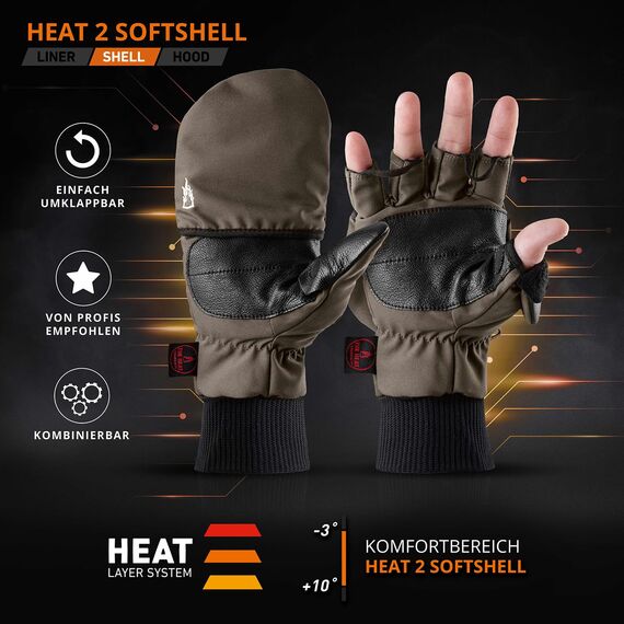 Heat 2 Fingerlose Handschuhe und Fäustlinge Kombination, warme Winterhandschuhe gegen den Wind und Kälte im Winter – Sporthandschuhe, Fahrradhandschuhe Damen, Herren – Braun, 7, Small
