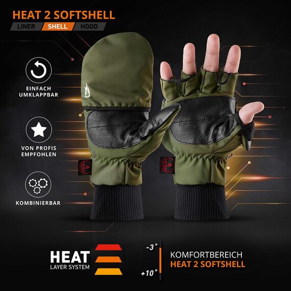 Heat 2 Fingerlose Handschuhe und Fäustlinge Kombination, warme Winterhandschuhe gegen den Wind und Kälte im Winter – Sporthandschuhe, Fahrradhandschuhe Damen, Herren – Grün, 9, Medium