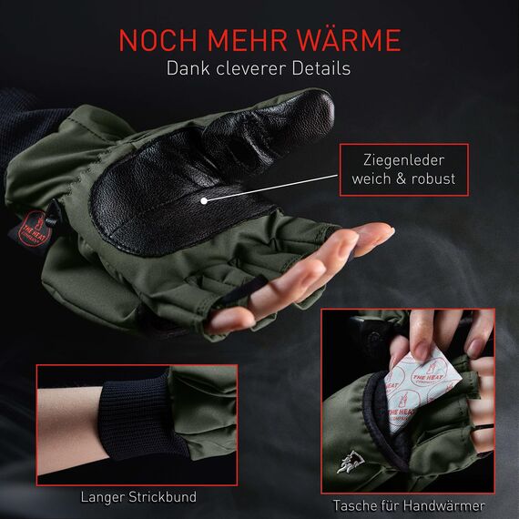 Heat 2 Fingerlose Handschuhe und Fäustlinge Kombination, warme Winterhandschuhe gegen den Wind und Kälte im Winter – Sporthandschuhe, Fahrradhandschuhe Damen, Herren – Grün, 9, Medium