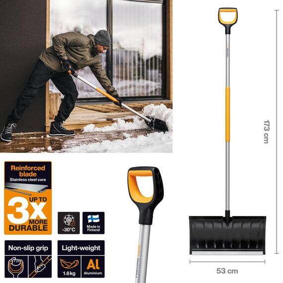 Fiskars Schneeschieber für flache Schneeschichten, X-series, Länge: 173 cm, Aluminium/Polymer, Schwarz/Orange/Grau, 1057179