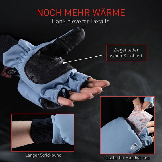 Heat 2 Fingerlose Handschuhe und Fäustlinge Kombination, warme Winterhandschuhe gegen den Wind und Kälte im Winter – Sporthandschuhe, Fahrradhandschuhe Damen, Herren, blau, Medium