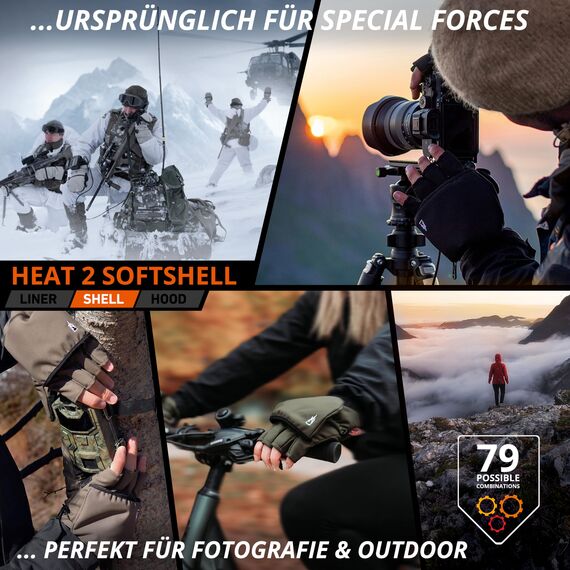 Heat 2 Fingerlose Handschuhe und Fäustlinge Kombination, warme Winterhandschuhe gegen den Wind und Kälte im Winter – Sporthandschuhe, Fahrradhandschuhe Damen, Herren – Grün, 9, Medium