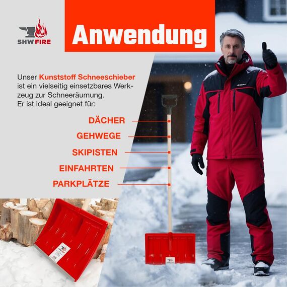SHW-FIRE | Schneeschieber 40 cm breit, robuster Holzstiel, Schaufel aus Kunststoff, und Aluminiumkante, Schneeschaufel optimal für Schnee räumen auf Gehwegen & Einfahrten | Made in Germany