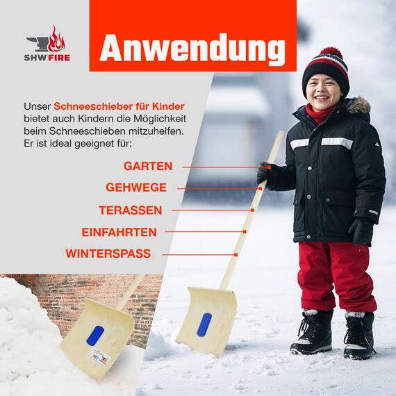 SHW-FIRE | Schneeschieber für Kinder mit 26 cm Schaufel und 75 cm Holzstiel, Schaufel aus 5-lagigem Sperrholz, stabil und leicht, Schneeschaufel für Kinder | Made in Germany