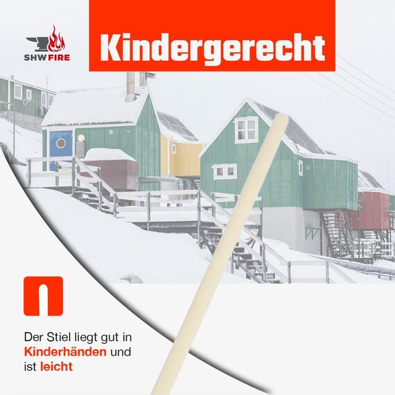 SHW-FIRE | Schneeschieber für Kinder mit 26 cm Schaufel und 75 cm Holzstiel, Schaufel aus 5-lagigem Sperrholz, stabil und leicht, Schneeschaufel für Kinder | Made in Germany