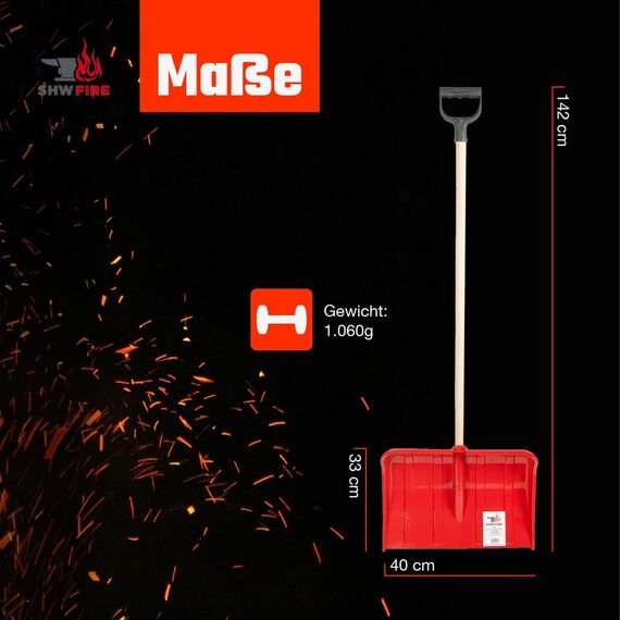 SHW-FIRE | Schneeschieber 40 cm breit, robuster Holzstiel, Schaufel aus Kunststoff, und Aluminiumkante, Schneeschaufel optimal für Schnee räumen auf Gehwegen & Einfahrten | Made in Germany