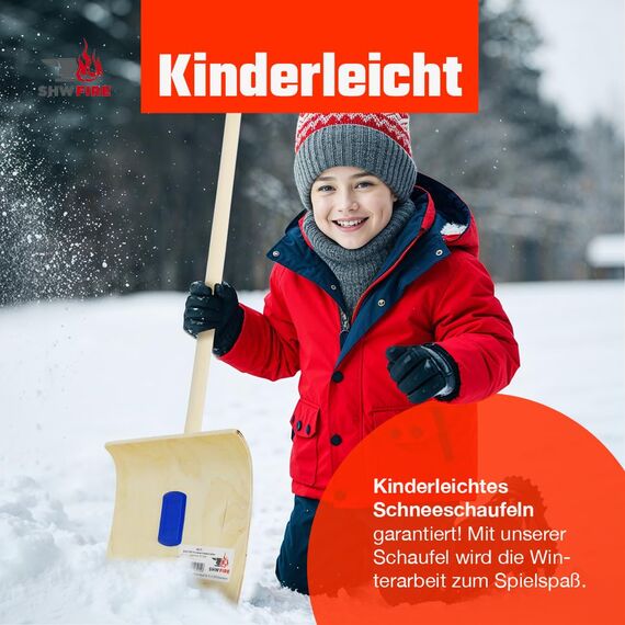 SHW-FIRE | Schneeschieber für Kinder mit 26 cm Schaufel und 75 cm Holzstiel, Schaufel aus 5-lagigem Sperrholz, stabil und leicht, Schneeschaufel für Kinder | Made in Germany