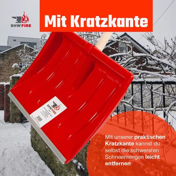 SHW-FIRE | Schneeschieber 40 cm breit, robuster Holzstiel, Schaufel aus Kunststoff, und Aluminiumkante, Schneeschaufel optimal für Schnee räumen auf Gehwegen & Einfahrten | Made in Germany