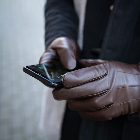 Downholme Touchscreen-Lederhandschuhe mit Innenfutter aus Kaschmir für Herren (Braun, L)