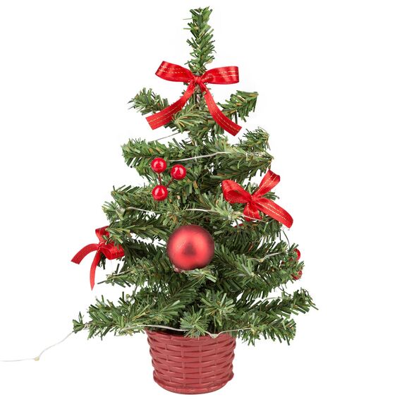 Idena 31486 - Deko-Weihnachtsbaum mit 20 LED in Warmweiß, ca. 25 cm hoch, mit rotem Baum-Schmuck im Topf und USB-Anschluss, Deko für Innen, als Winter-, Advents- und Weihnachtsdeko (Packung mit 2)