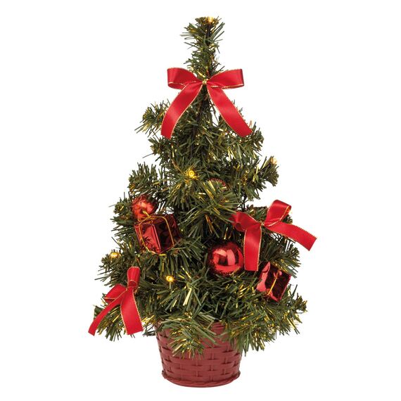 Idena 8582154 - Deko-Weihnachtsbaum mit 20 LED in Warmweiß, ca. 35 cm hoch, mit rotem Baum-Schmuck im Topf, mit 6 Stunden Timer, batteriebetrieben, Deko für Innen, als Advents- und Weihnachtsdeko