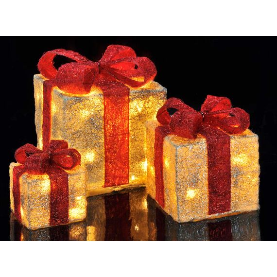 LED Geschenkboxen mit Timer 3er Set - ROT - Weihnachts Dekoboxen warm weiß beleuchtet - Weihnachten Advent Winter Christbaum Deko Beleuchtung Batterie betrieben