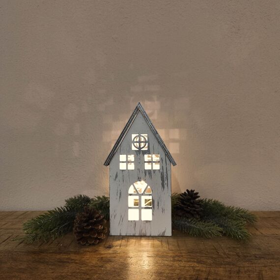 DARO DEKO Holz LED Haus weiß Silber 2er Set - klein und groß