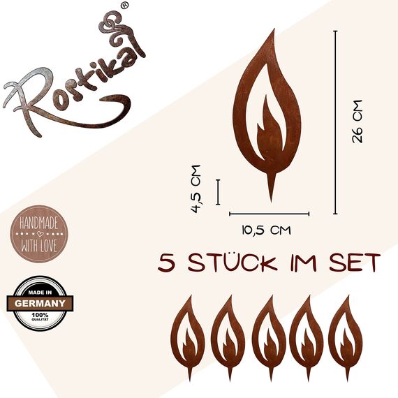 Rostikal 5 er Set Rost Deko Flamme Edelrost 26 cm groß Rostige Weihnachtsdeko Kerze Advent Kerzenflamme zum stecken Rostoptik