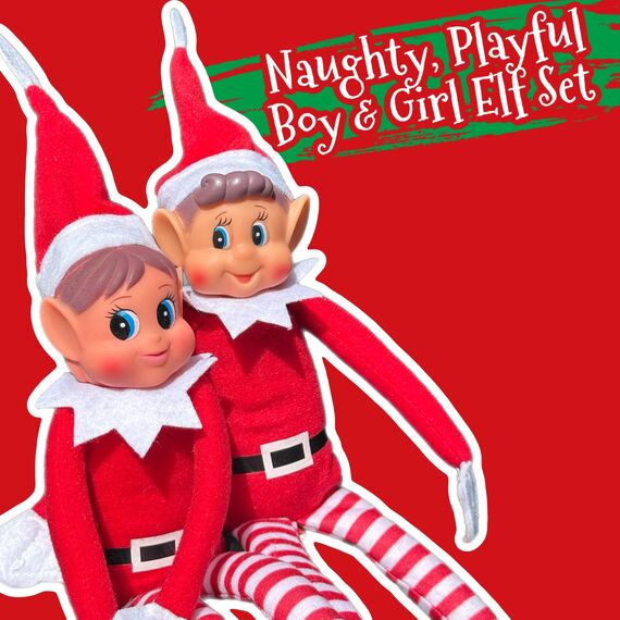 Glow Wholesale Elfie (Junge) und Elvie (Mädchen) Set lustige und verspielte Elfen verhalten Sich schlecht Figur mit weichem Körper und Vinyl-Gesicht, 2er Set, rot
