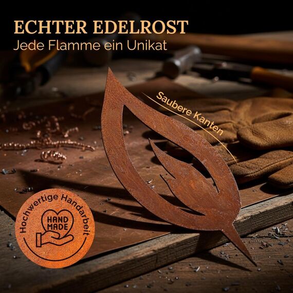 Rostikal Flammen 10er Set 10 cm – Edelrost Kerzenflamme aus Metall zum Stecken – Gartenstecker Rost für Adventskranz, Gestecke & Holzstamm Deko – Weihnachtsdeko draußen & innen, wetterfest