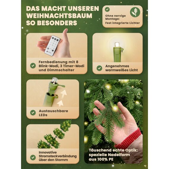ArtiTree Künstlicher Weihnachtsbaum 270 cm – 100 % Spritzguss Nordfichte mit LED | Premium Tannenbaum naturgetreu inkl. FSC-Holzständer & Aufbewahrungstasche