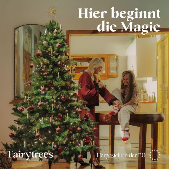 FairyTrees Weihnachtsbaum künstlich 180cm NORDMANNTANNE mit Christbaum Holzständer | TESTSIEGER Tannenbaum künstlich mit grünem Stamm | Made in EU