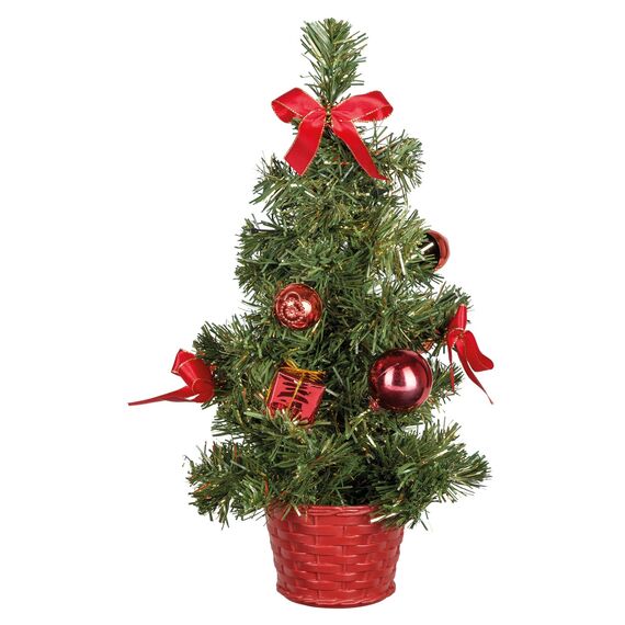 Idena 8582154 - Deko-Weihnachtsbaum mit 20 LED in Warmweiß, ca. 35 cm hoch, mit rotem Baum-Schmuck im Topf, mit 6 Stunden Timer, batteriebetrieben, Deko für Innen, als Advents- und Weihnachtsdeko