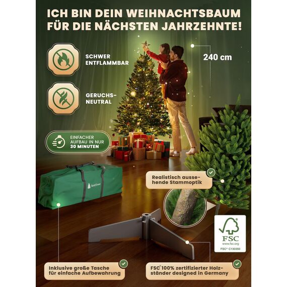 ArtiTree Künstlicher Weihnachtsbaum 240 cm – 100 % Spritzguss Nordfichte mit LED | Premium Tannenbaum naturgetreu inkl. FSC-Holzständer & Aufbewahrungstasche