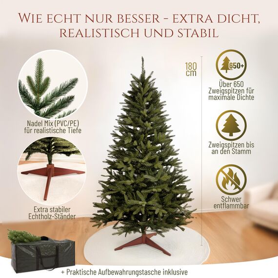 Premium Weihnachtsbaum künstlich 180cm - TESTSIEGER 10 Jahre GARANTIE - Naturgetreu, dichte Zweige, Künstlicher Weihnachtsbaum mit Holzständer, Christmas Tree Tannenbaum künstlich 180 cm Pure Living