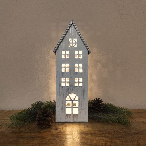 DARO DEKO Holz LED Haus weiß Silber 2er Set - klein und groß