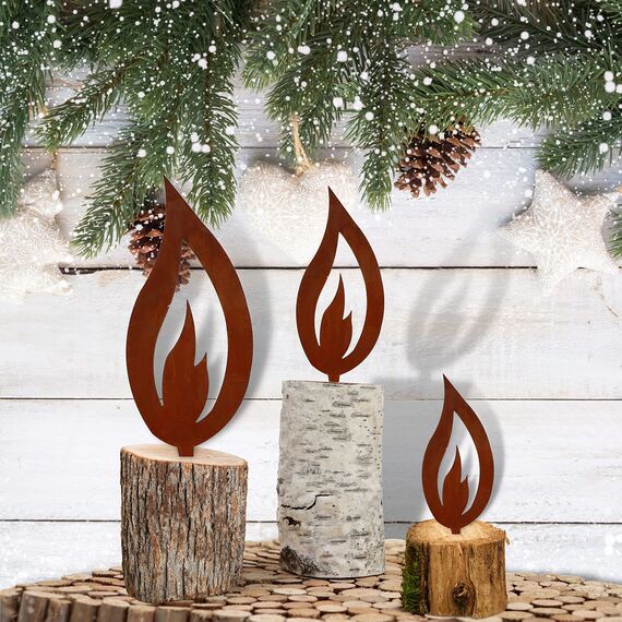 Rostikal Flammen 10er Set 10 cm – Edelrost Kerzenflamme aus Metall zum Stecken – Gartenstecker Rost für Adventskranz, Gestecke & Holzstamm Deko – Weihnachtsdeko draußen & innen, wetterfest