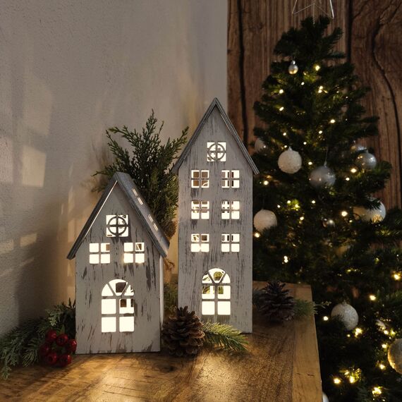 DARO DEKO Holz LED Haus weiß Silber 2er Set - klein und groß