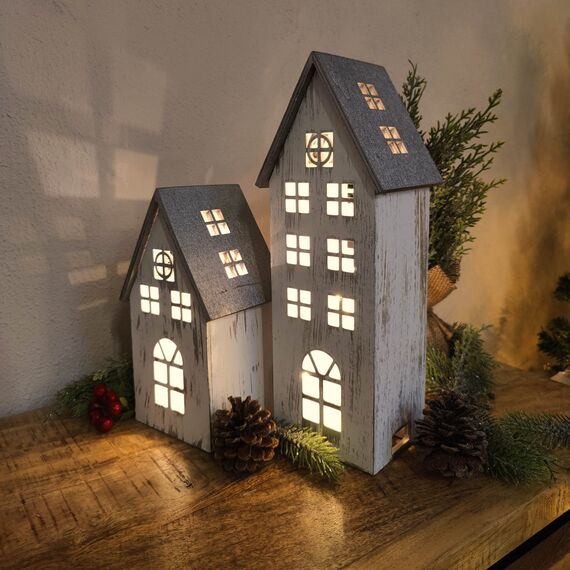 DARO DEKO Holz LED Haus weiß Silber 2er Set - klein und groß