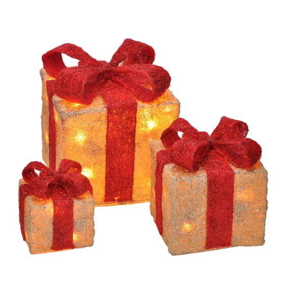 LED Geschenkboxen mit Timer 3er Set - ROT - Weihnachts Dekoboxen warm weiß beleuchtet - Weihnachten Advent Winter Christbaum Deko Beleuchtung Batterie betrieben