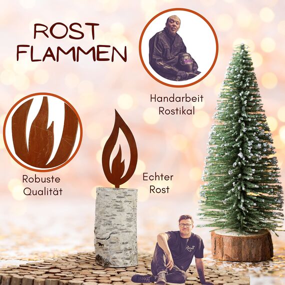 Rostikal Flammen 10er Set 10 cm – Edelrost Kerzenflamme aus Metall zum Stecken – Gartenstecker Rost für Adventskranz, Gestecke & Holzstamm Deko – Weihnachtsdeko draußen & innen, wetterfest