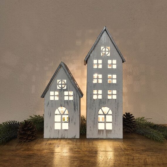 DARO DEKO Holz LED Haus weiß Silber 2er Set - klein und groß